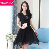 VEGININA 韩版夏季修身短袖雪纺连衣裙 9529(黑色 4XL)