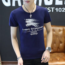 左岸男装 男士夏季圆领短袖T恤韩版修身青少年个性印花纯棉半袖打底衫(宝蓝 XL)