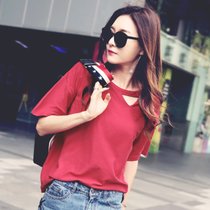 韩都衣舍2017韩版女装夏装新款bf风宽松上衣纯棉短袖T恤OU7350堯(红色 S)