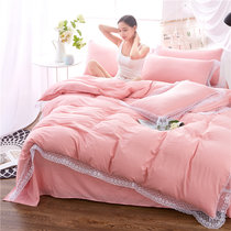 裂帕 春夏韩式蕾丝水洗棉四件套 纯色简约大气床上用品被套床单(蕾丝-红玉)