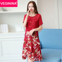 VEGININA 韩版修身短袖中长款印花套装两件套雪纺连衣裙 9569(枣红色 3XL)