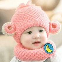 秋冬婴儿毛线帽0儿童3宝宝帽子6围巾两件套装12个月小孩加绒1-2岁(粉色)